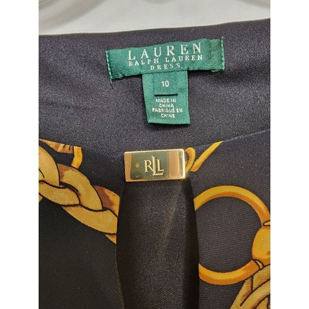 Lauren Ralph Lauren Dress Sz 10 Black Gold Chain Equestrian Print Jersey Knit - Picture 3 of 4